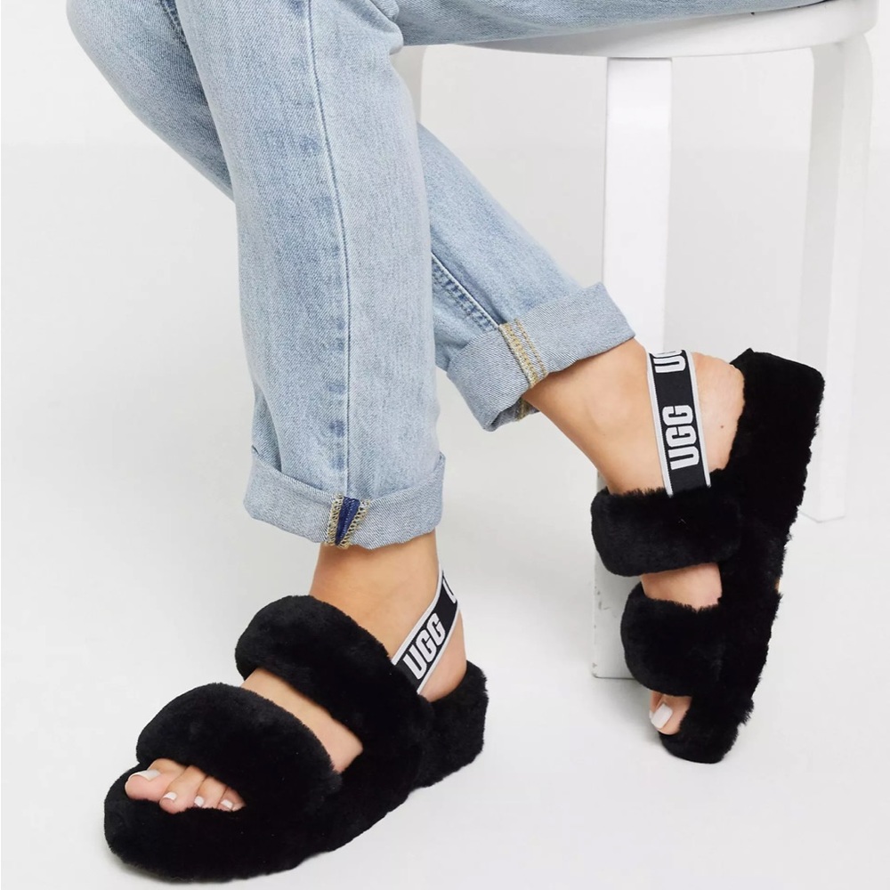 UGG size 7 Oh Yeah double strap fluffy sling back black sandals slippers